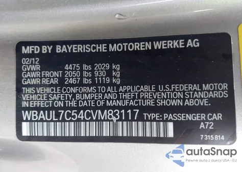 2012 BMW 128I z USA, uszkodzony, nr VIN WBAUL7C54CVM83117